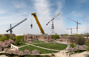 North-facing photo from the Nebraska Union showing multiple cranes scattered across campus.