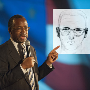Dr. Ben Carson standing with photo of the Zodiac Killer
